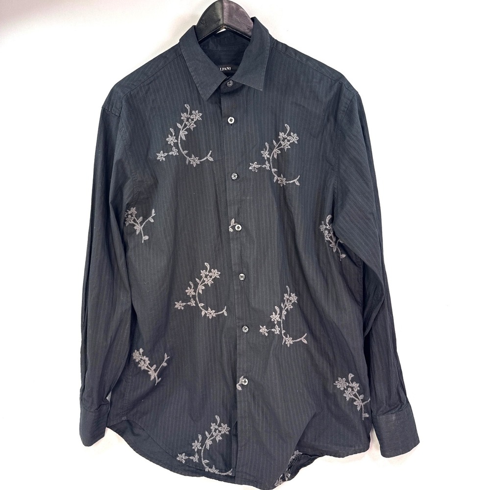Alfani Mens Black Floral Embroidered Long Sleeve Button Down Cotton Shirt M